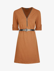 Robe uni coupe droite à col zippé - Camel - 1