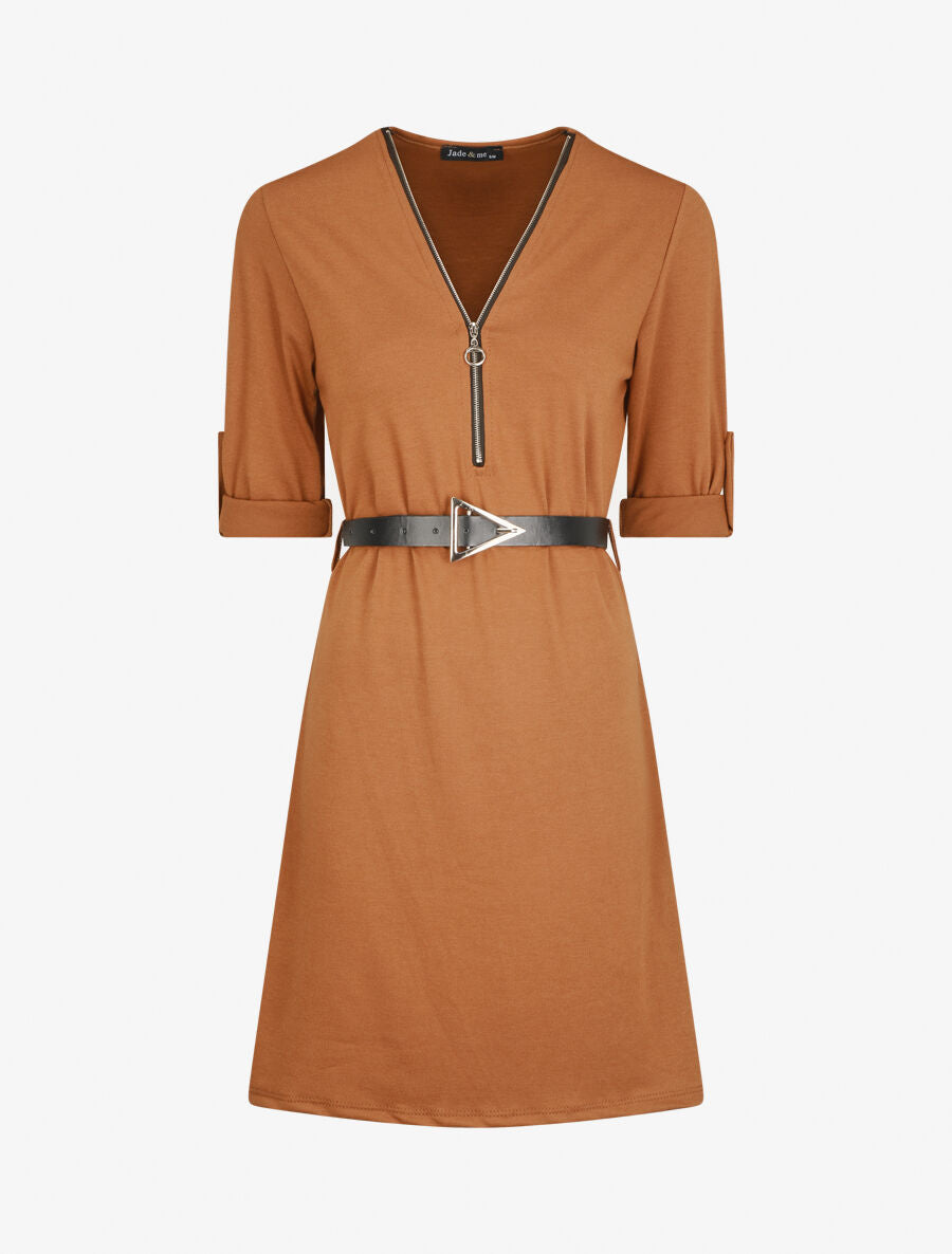Robe uni coupe droite à col zippé - Camel - 1