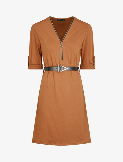Robe uni coupe droite à col zippé - Camel - 1