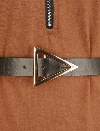 Robe uni coupe droite à col zippé - Camel - 3