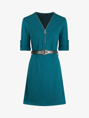 Robe uni coupe droite à col zippé - Bleu canard - 5