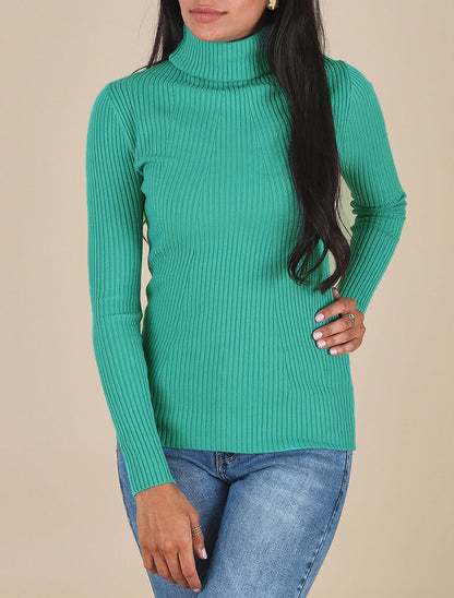 Pull uni côtelé à col roulé - Turquoise - 3