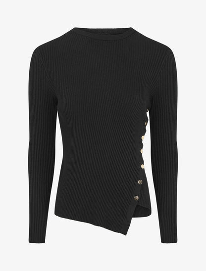 Pull uni côtelé à boutons dorés - Noir - 4