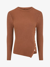 Pull uni côtelé à boutons dorés - Marron - 5