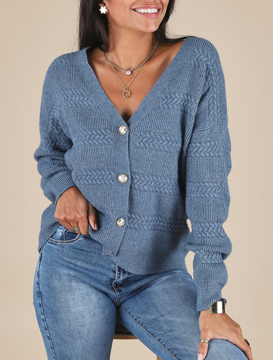 Cardigan uni à coupe carré et effet texturé - Bleu - 1