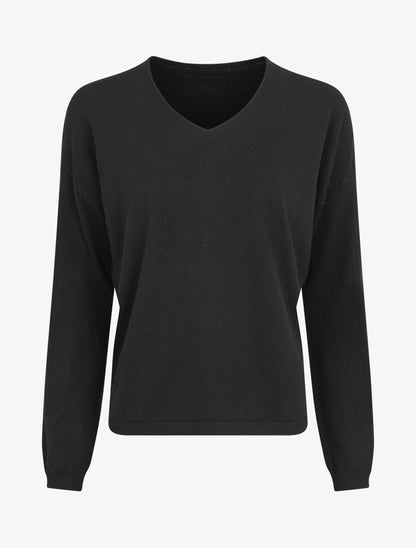 Pull fin uni à col V - Noir - 1