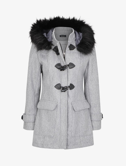 Duffle coat à capuche à fourrure - Gris - 1