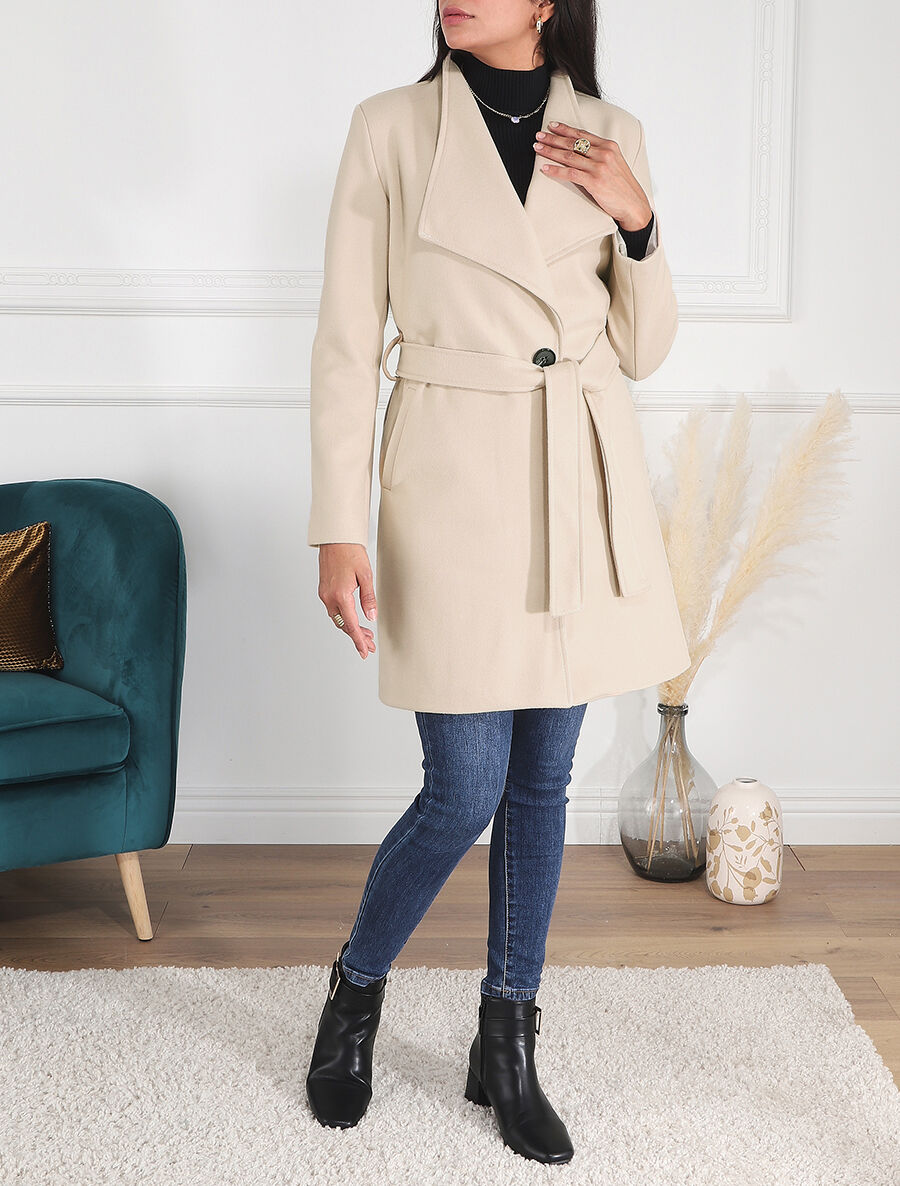 Manteau long ceinturé à col droit - Beige - 4
