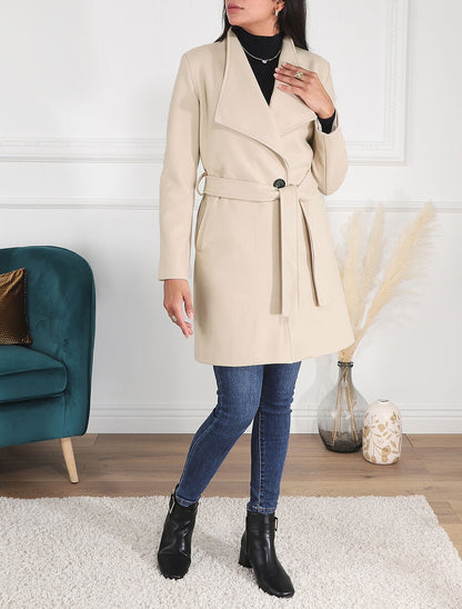 Manteau long ceinturé à col droit - Beige - 4