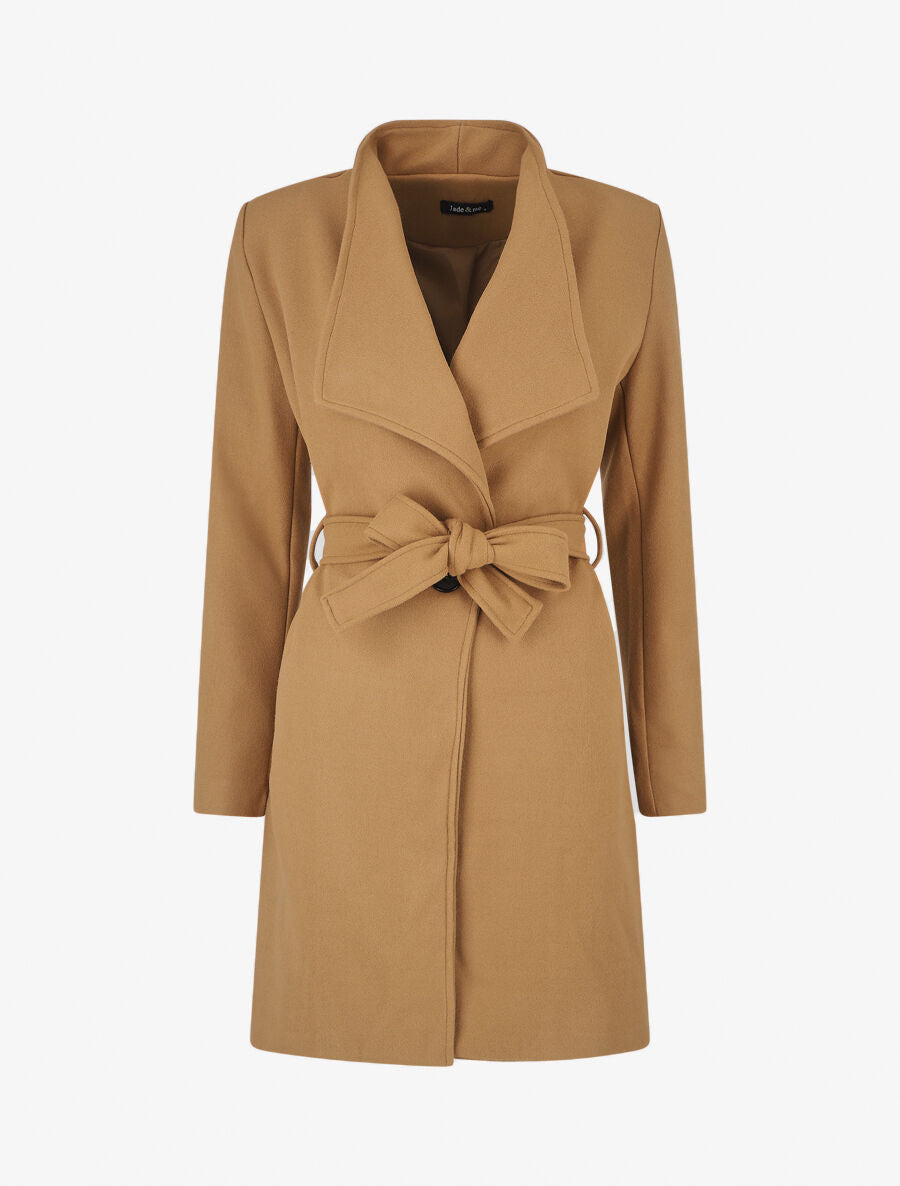 Manteau long ceinturé à col droit - Camel - 1