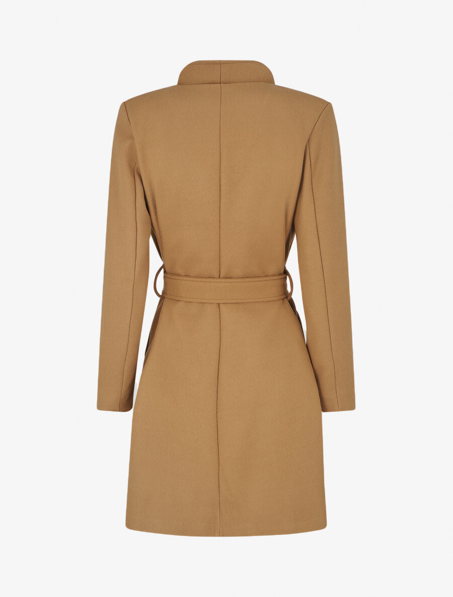 Manteau long ceinturé à col droit - Camel - 2