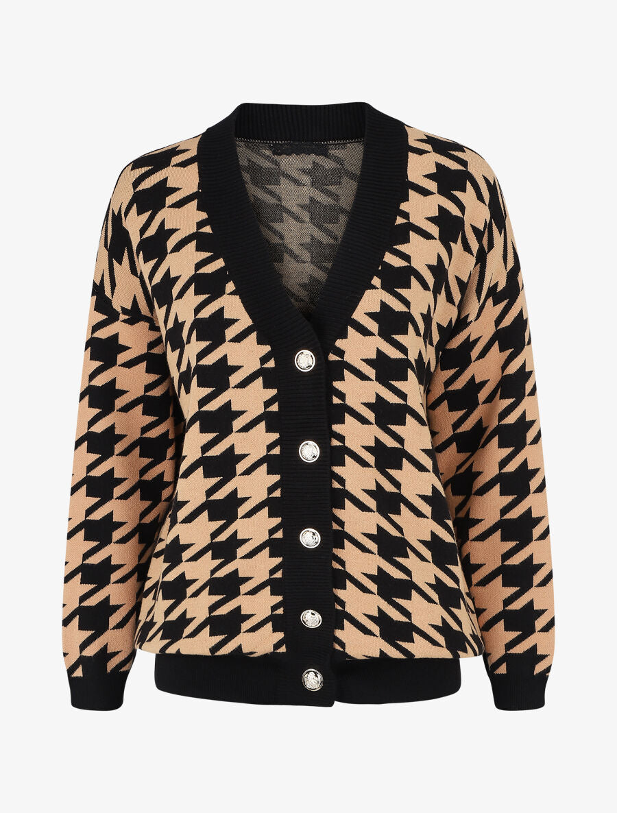 Gilet ample motif pied de coq - Camel/noir - 2