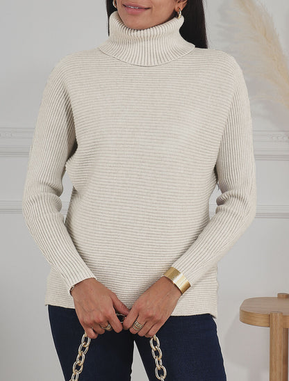 Pull droit côtelé à col roulé - Beige - 4