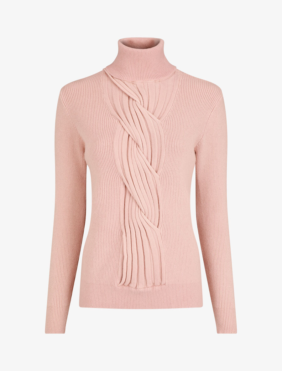 Pull uni à col roulé et motif torsade - Rose - 1