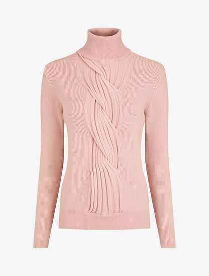 Pull uni à col roulé et motif torsade - Rose - 1