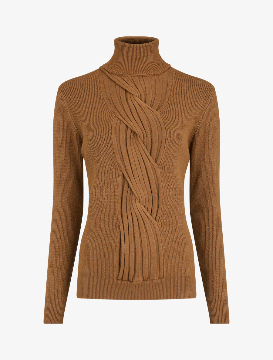 Pull uni à col roulé et motif torsade - Camel - 1