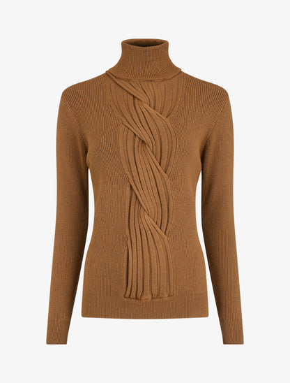 Pull uni à col roulé et motif torsade - Camel - 1