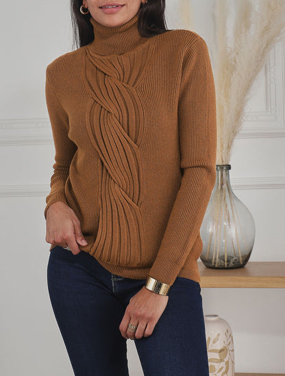 Pull uni à col roulé et motif torsade - Camel - 4