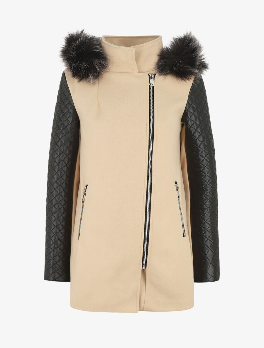 Manteau à capuche et à manches en simili - Beige - 1