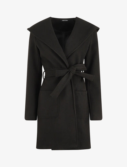 Manteau long à capuche et col châle - Noir - 1