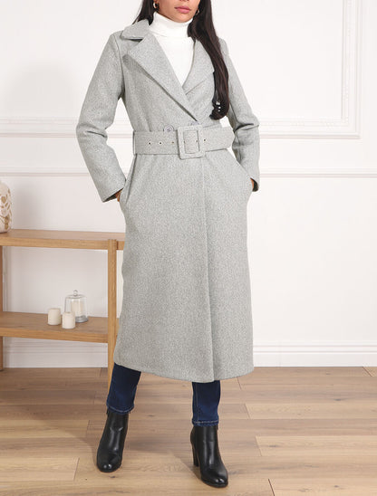 Manteau long boutonné et ceinturé - Gris - 4