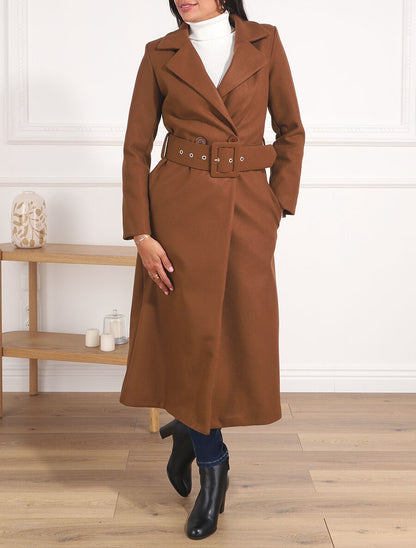 Manteau long boutonné et ceinturé - Marron - 4