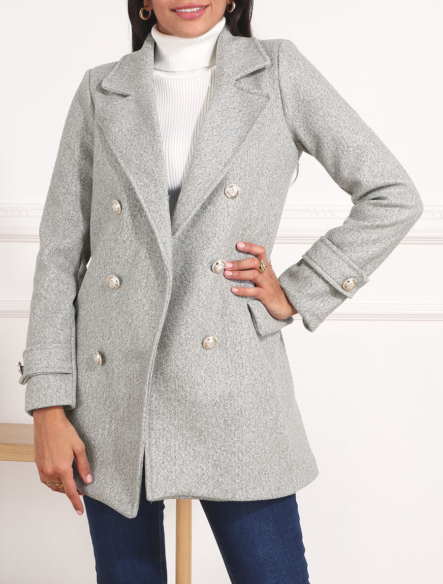 Manteau mi-long boutonné à col cranté - Gris - 4