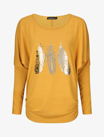 Pull ample à imprimé plumes irisées - Jaune moutarde - 1