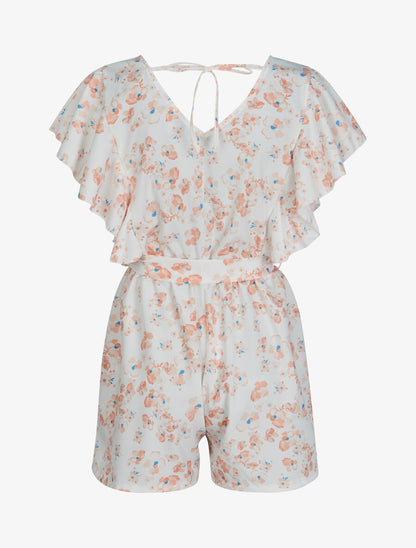 Combishort imprimé fleurs de cerisier à épaules volantées - Blanc - 2