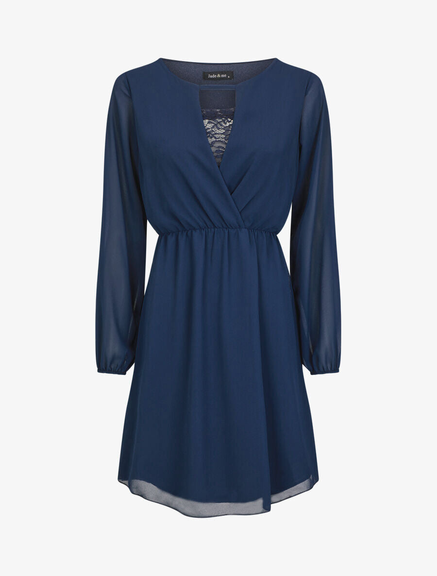 Robe taille élastiquée à détail dentelle - Marine - 5