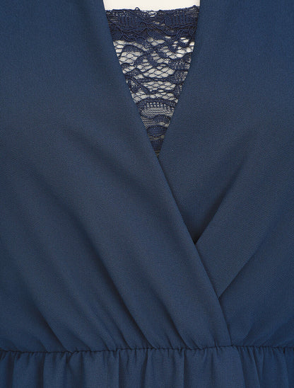 Robe taille élastiquée à détail dentelle - Marine - 3