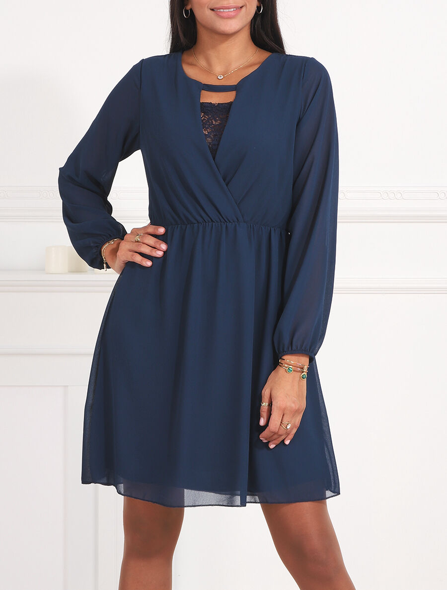 Robe taille élastiquée à détail dentelle - Marine - 4