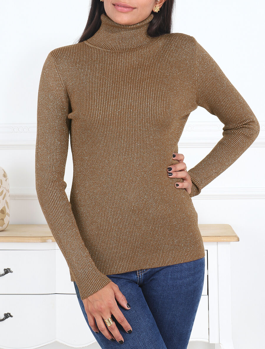 Pull col roulé ajusté et irisé - Camel - 4