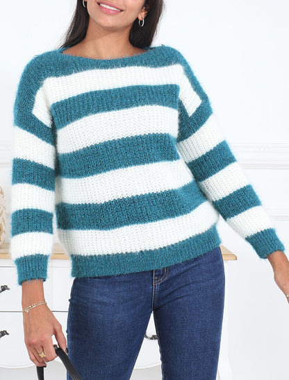 Pull en maille à rayures - Bleu canard - 3