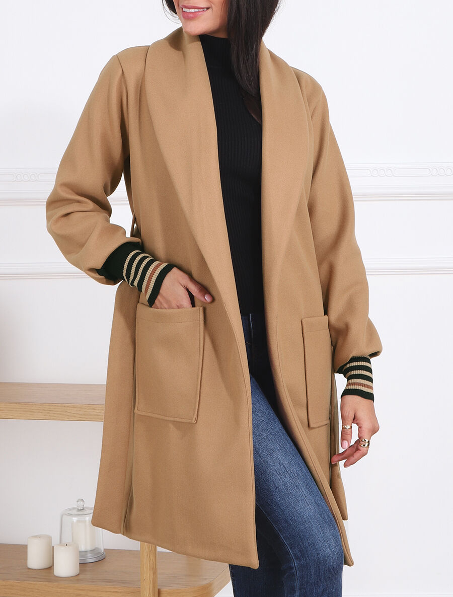 Manteau à poignets empiécés - Beige - 4