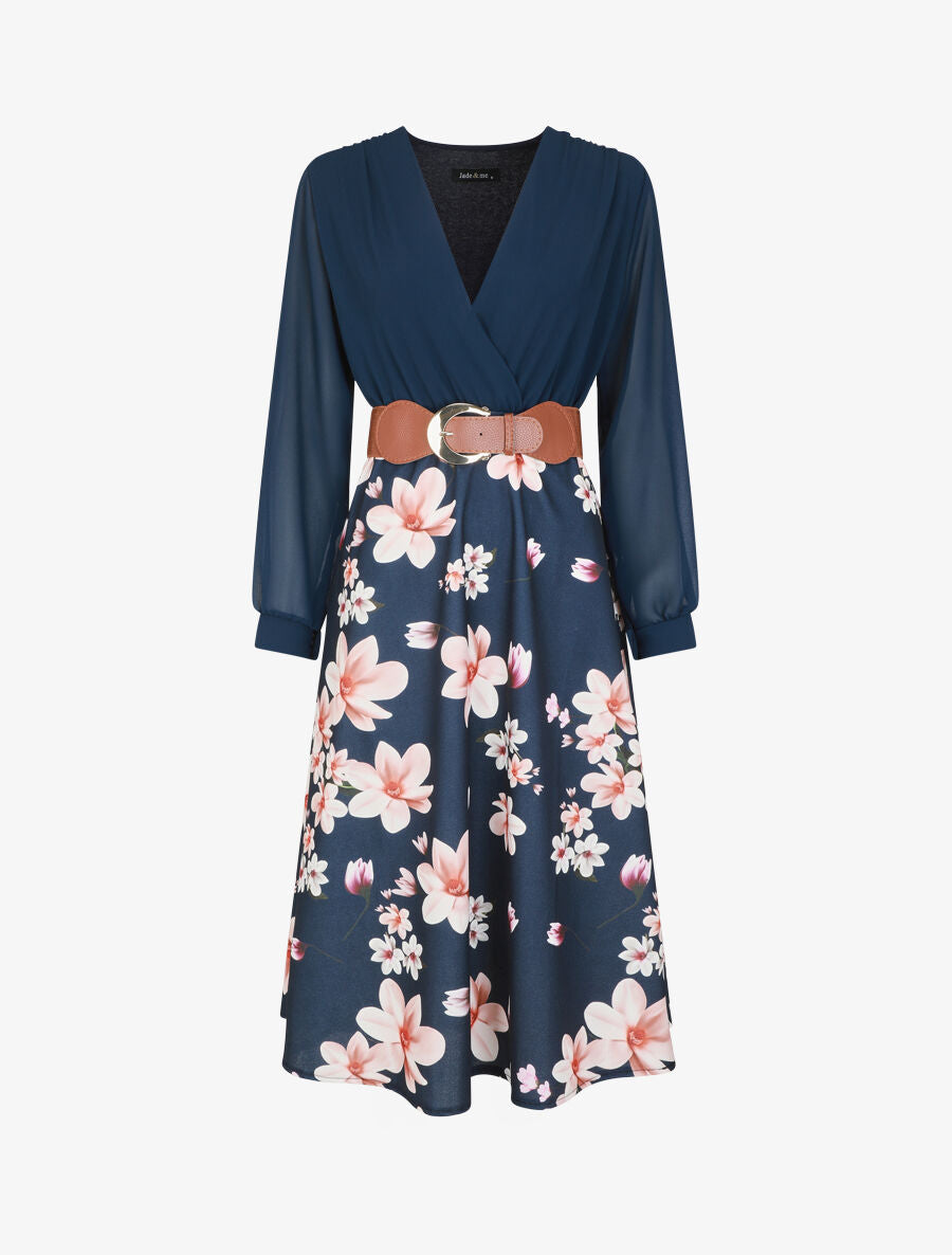 Robe longue à fleurs et col cache-coeur - Marine - 1