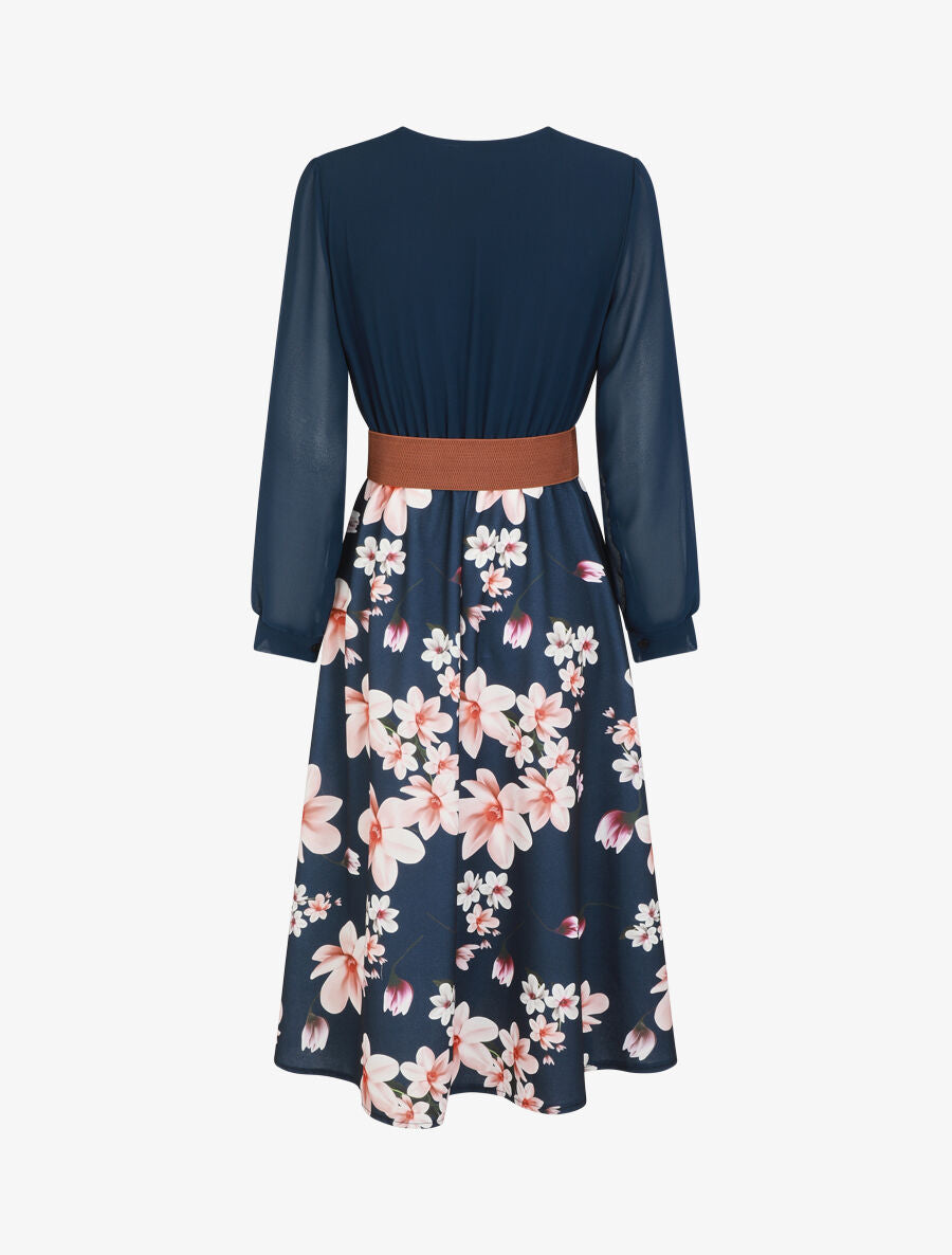 Robe longue à fleurs et col cache-coeur - Marine - 2