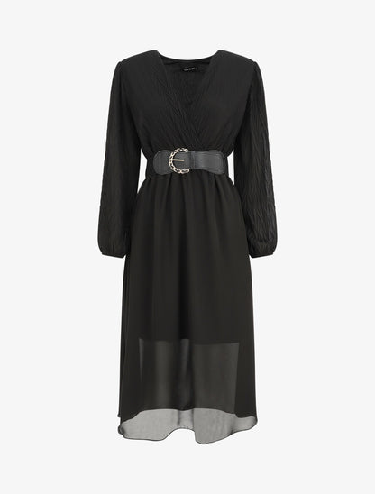 Robe longue à buste plissé - Noir - 4