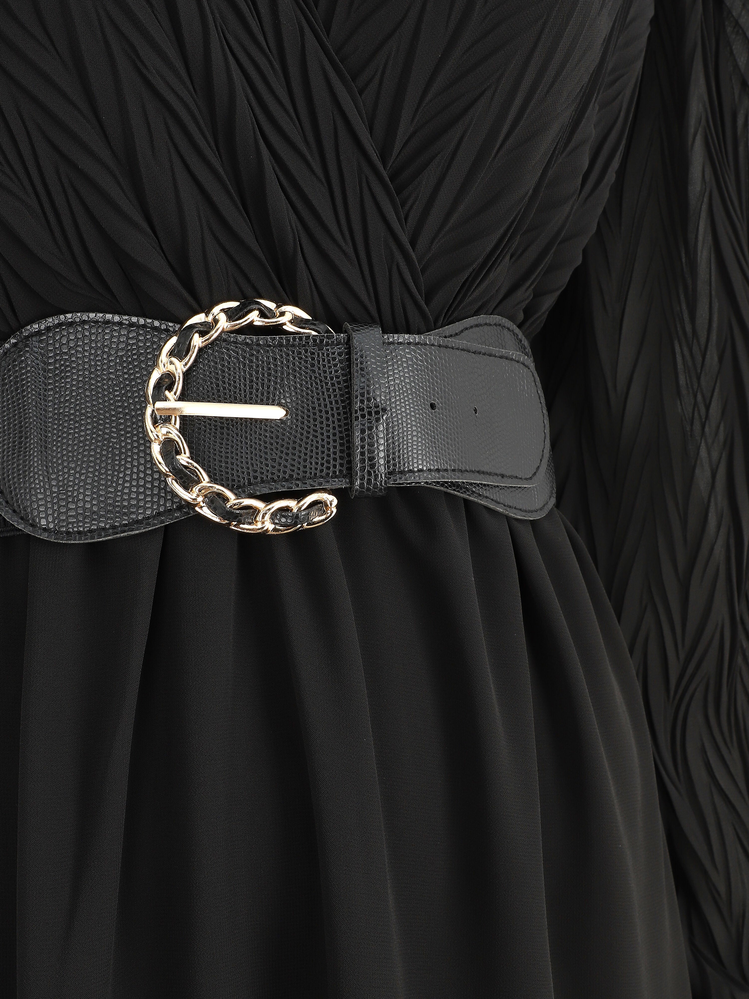 Robe longue à buste plissé - Noir - 3