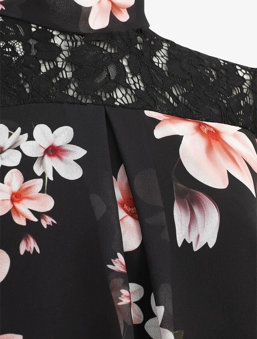 Top fleuri en dentelle - Noir - 3