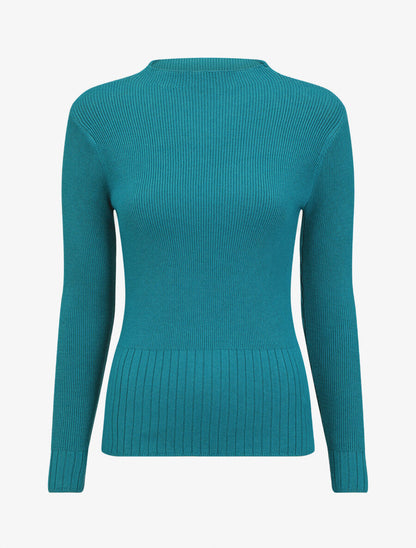 Pull uni côtelé à col montant - Bleu canard - 1