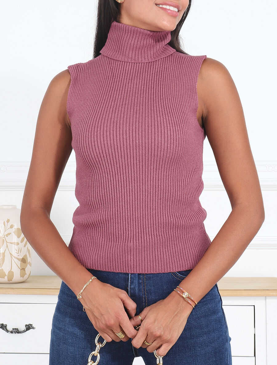 Pull ajusté sans manches à col roulé - Mauve - 4