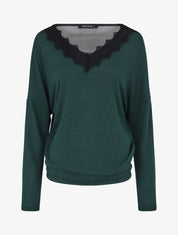 Pull fin à col V et dos en dentelle - Vert - 1
