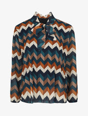 Blouse lavallière plissée imprimé zig-zag - Bleu canard - 1