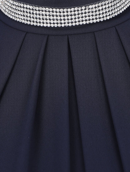 Top en voile uni à col bijoux - Marine - 3