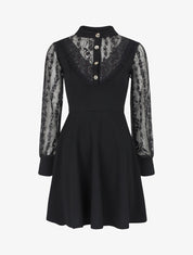 Robe droite à manches en dentelle et sequins - Noir - 4
