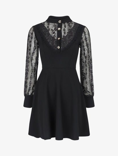 Robe droite à manches en dentelle et sequins - Noir - 4