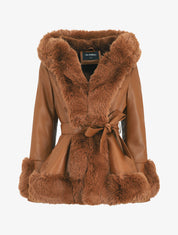Manteau évasé en simili et fourrure synthétique - Camel - 1