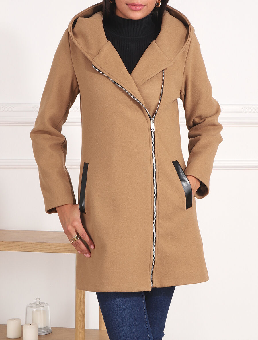 Manteau zippé à capuche - Camel - 3
