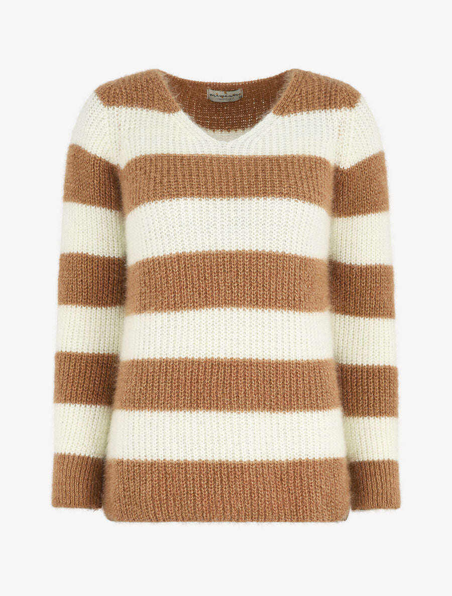 Pull duveteux à rayures et col V - Camel - 1